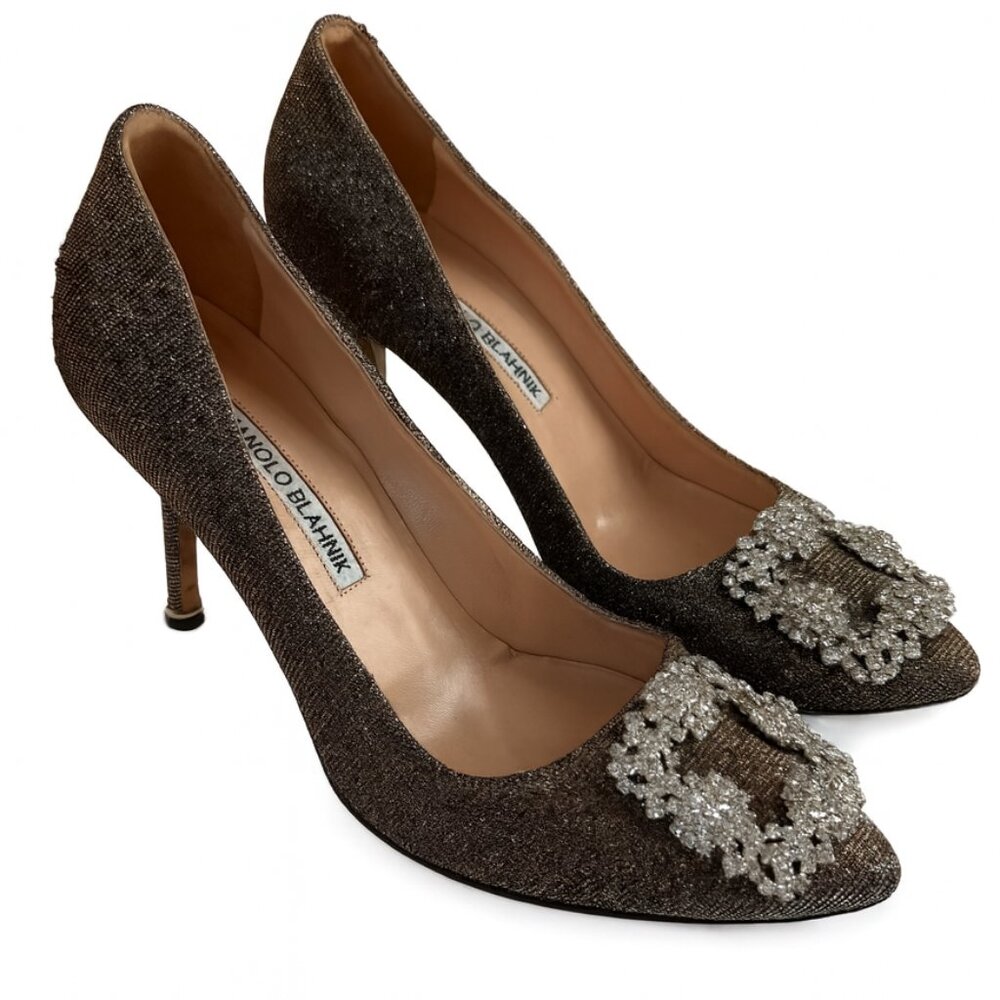Manolo Blahnik Hangisi 90mm Gold Glitter Jewel Buckle Pumps Size 37 EU - Picture 2 of 11